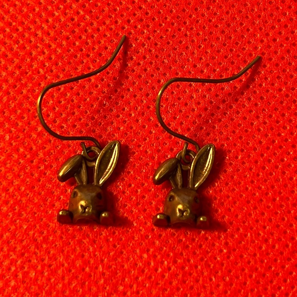 Floppy Eared Tiny Bunny Rabbit Antique Bronze Tone French Hook Earrings 0273